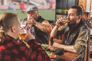 Three bearded guys enjoying beer in pub