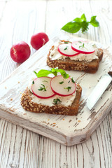Toasts with rye bread, ricotta and radish