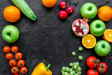 fresh vegetables and fruits for fitness dinner on dark background top view mockup