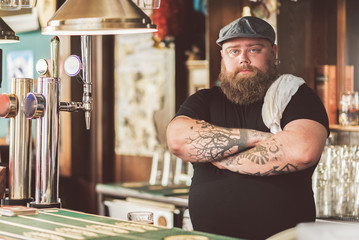 Adult bearded man working as bartender