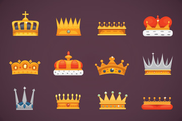 Collection of crown icons awards for winners, champions, leadership. Royal king, queen, princess crowns.