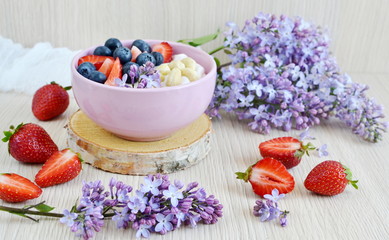 Yogurt with berries and cashew, healthy breakfast