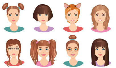 Set of cute girls teenagers with Different hairstyles and color