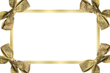 Frame of Golden bows with ribbons on white background