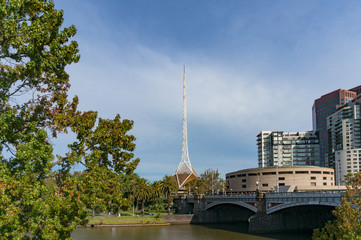 Melbourne cityscape with Princes Bridge and Melbourne Arts Centre Building