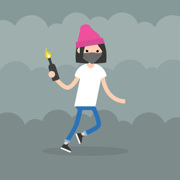 Angry girl wearing a face mask holding a bottle with Molotov cocktail. Flat editable vector illustration, clip art