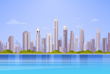 City Skyscraper View Cityscape Background Skyline Panorama Flat Vector Illustration