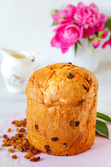 Panettone. Traditional Italian celebration cake with candied fruit and raisins