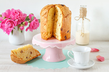 Panettone. Traditional Italian celebration cake with candied fruit and raisins