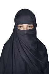 Woman in niqab traditional veil isolated on white.