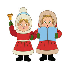 cartoon woman christmas caroling with song book and bell vector Illustration