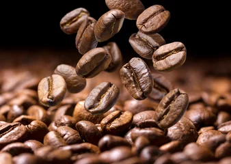 Rolgordijnen Falling coffee beans. Dark background with copy space, close-up © xamtiw