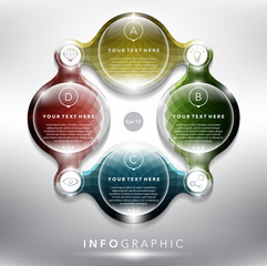 Abstract info graphic with circle elements. 4 parts concept. Can be used for workflow layout, banner, number options, step up options, diagram, web design. Vector illustration. Eps10.
