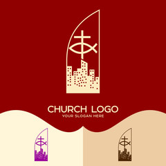 Church logo. Cristian symbols. The cross of Jesus, the sign of the fish and the city