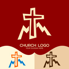 Fototapeta premium Church logo. Cristian symbols. Cross of Jesus and mountains