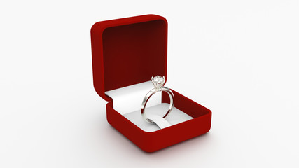 3D illustration silver gold ring with a diamond in a red box