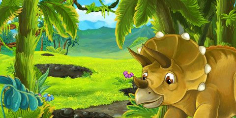 Cartoon nature scene with standing triceratops near tar ponds