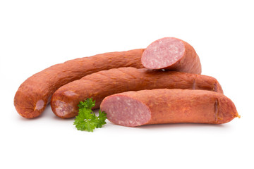 Smoked sausage on a white background.