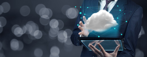 man hand tablet with Cloud computing concept