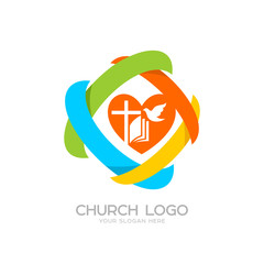 Church logo. Cristian symbols. Jesus cross, bible, dove, heart and colored elements