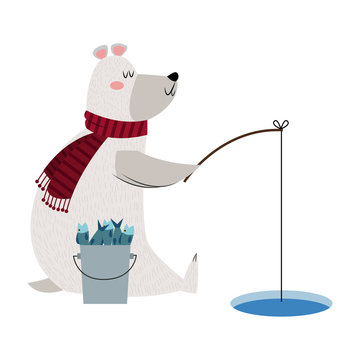 christmas bear fishing bukcet fish rod ice image vector illustration