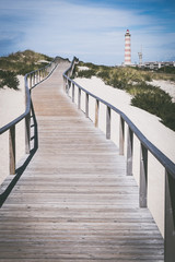Naklejka premium Praia da Barra Portuguese lighthouse on coast, Symbol of city Barra, Surfing beach area Barra, Wooden pier at beach, Wooden bridge for runners, Symbol of Portuguese summer vacation