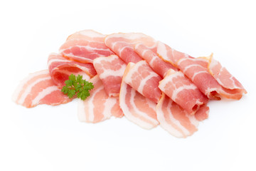 Bacon isolated on white background. Delikatese food.