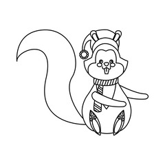 squirrel christmas character with hat and scarf line vector illustration