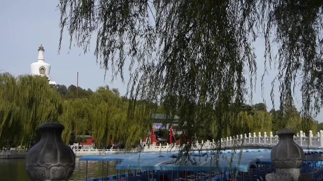 China Beijing ancient architecture Beihai Park white tower on willow island.