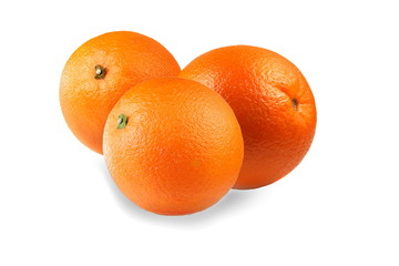 Three studio isolated orange fruits on white background with shadow