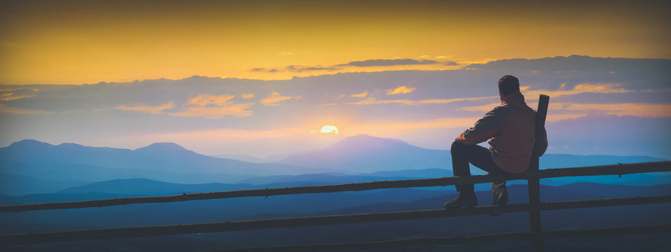 Enjoy sunrise in mountain valley. Instagram stylisation