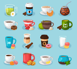 Colorful tea and coffee vector labels set. 