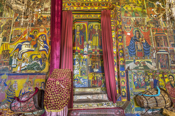 Fototapeta premium Ethiopia. Zege Peninsula in Lake Tana. Interior of Ura Kidane Mehret Church decorated with numerous painted frescoes