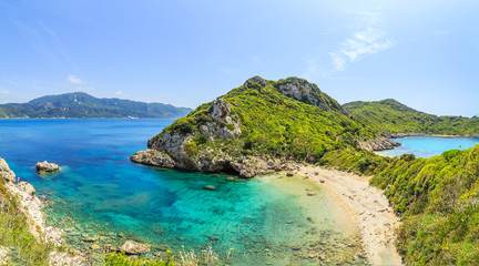 A panorama of Porto Timoni beach in Corfu, Greece - obrazy, fototapety, plakaty