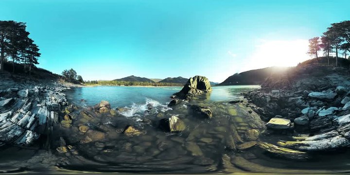 UHD 4K 360 VR Virtual Reality of a clear fast river flows over rocks in beautiful mountain landscape in the Altai mountains forest in autumn or summer day