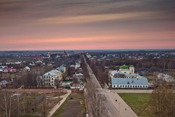 Evening old Suzdal cityscape from rooftop. Churches, monasteries and old houses