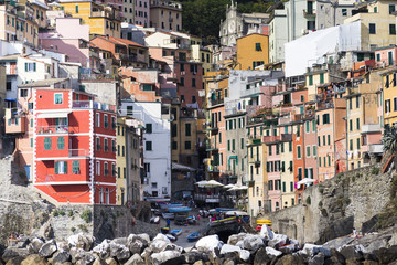 View into the small town of Riomaggiore in Cinque Terre, Italy from the seaside