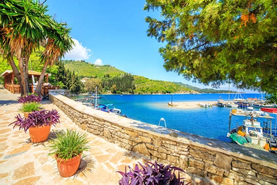 Boats in port Kouloura in Corfu, Greece
