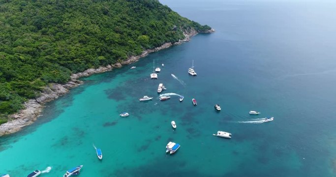 Top view aerial shot of ship port at Koh Racha Yai island, Phuket, Thailand