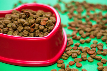 Red bowl full of multicolored dog food