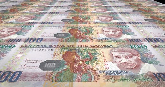 Banknotes of one hundred gambian dalasis of Gambia rolling, cash money, loop