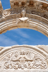 Detail of the Temple of Hadrian, Roman ruins of ancient Ephesus,