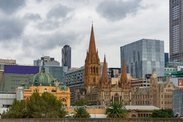 Melbourne centre cityscape and Flinders street station on rainy day