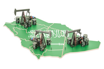 Saudi Arabia map with oil barrels and pumpjacks. Oil production concept. 3D rendering