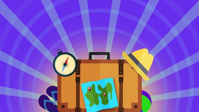 Colorful Cartoon animation of vacation stuff over colorful background with sunburst rotation with copy space seamless loop. Vacation and travel background. illustration of rest and relax concept