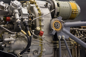 Details of the aircraft engine on the stand close up. Industry