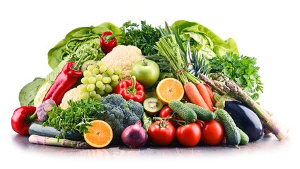 Assorted raw organic vegetables and fruits
