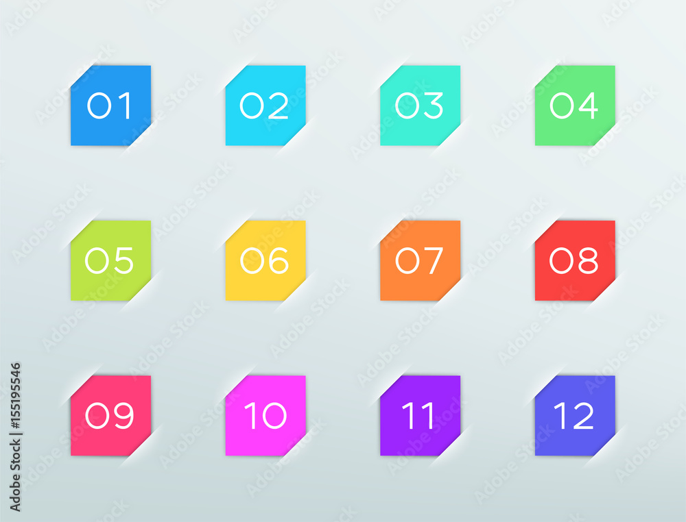 Poster number bullet points in square vector frames 1 to 12