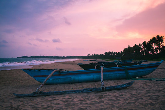 Fishing boats on kahandamodara just outside Tangalle, Sri Lanka, at sunset.