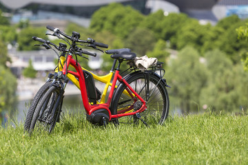 Fototapeta na wymiar Electric bicycles standing on a meadow